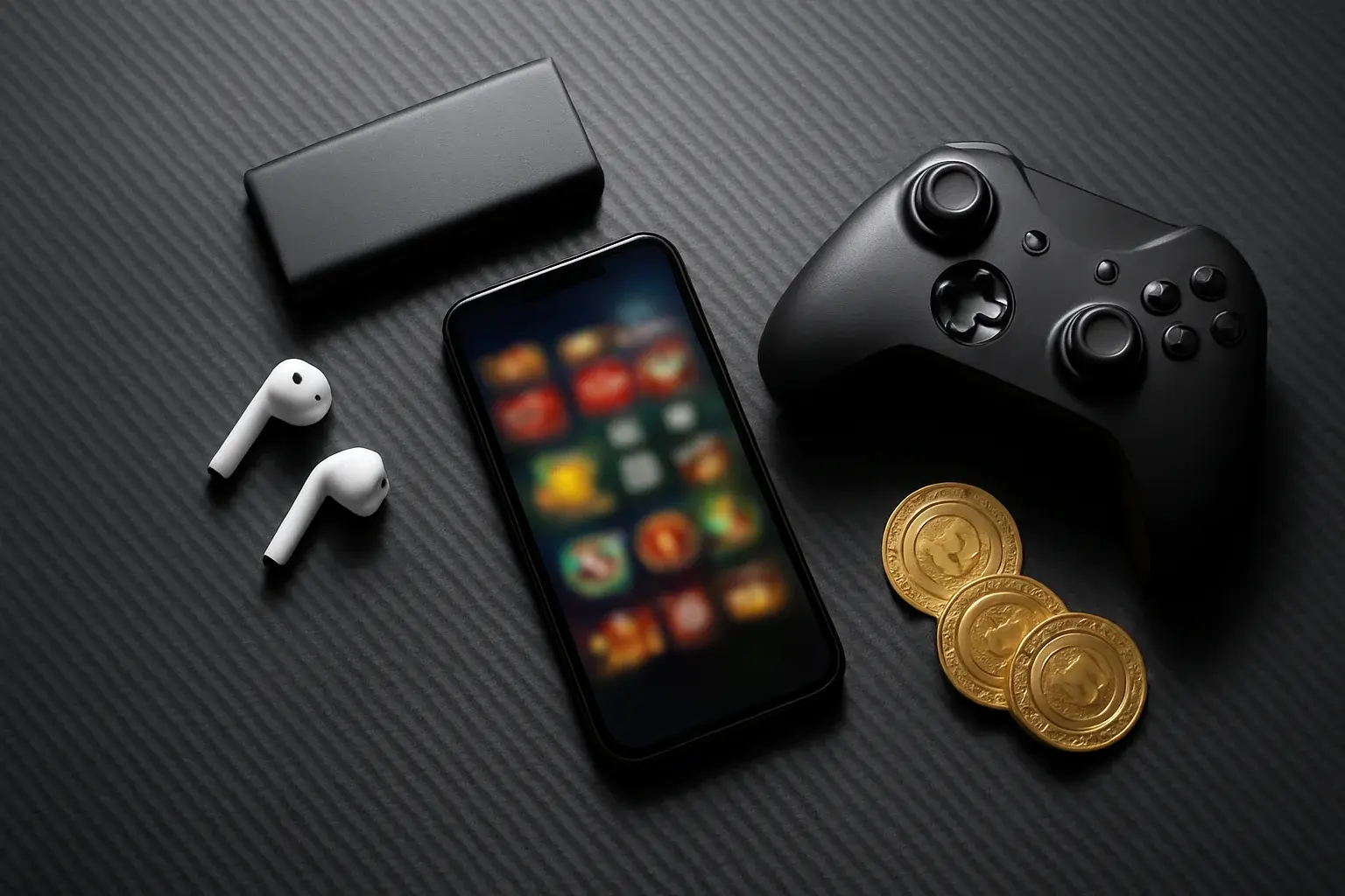 Premium smartphone casino setup with accessories and golden chips flat lay