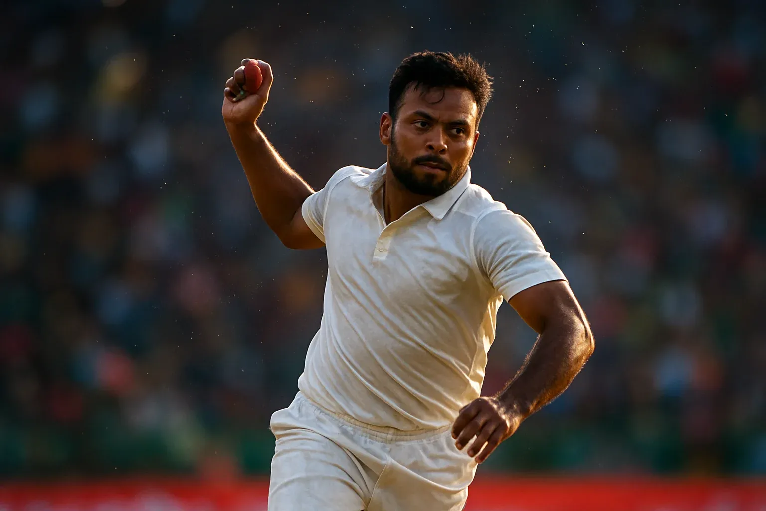 Bangladeshi male cricket bowler delivering ball under stadium lights