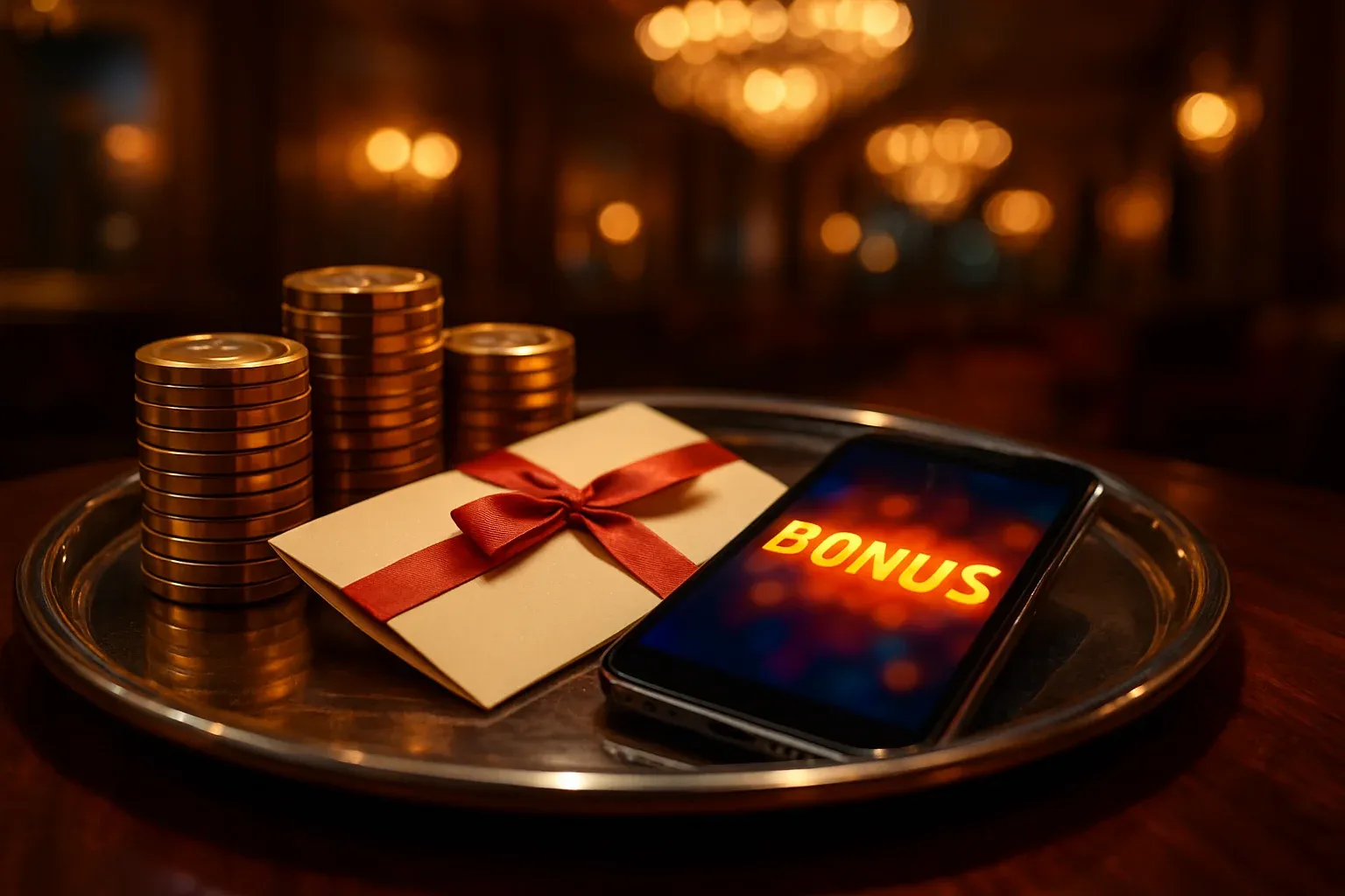 Luxury casino bonus display with golden chips, envelope, and smartphone