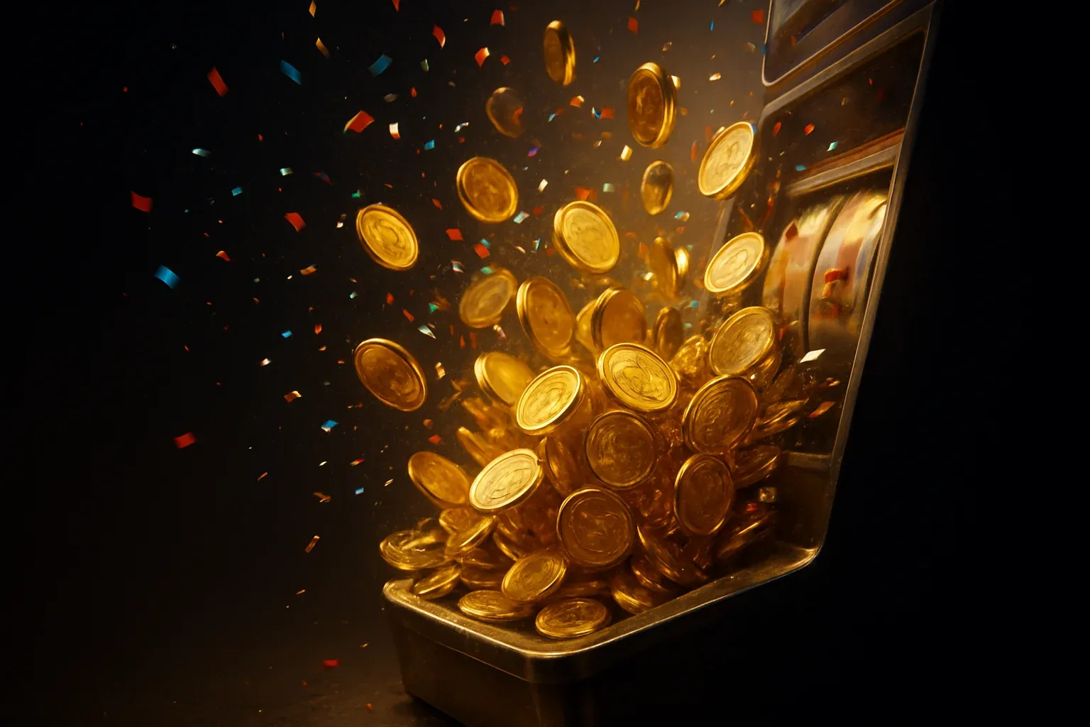 Golden coins bursting from slot machine tray in jackpot celebration
